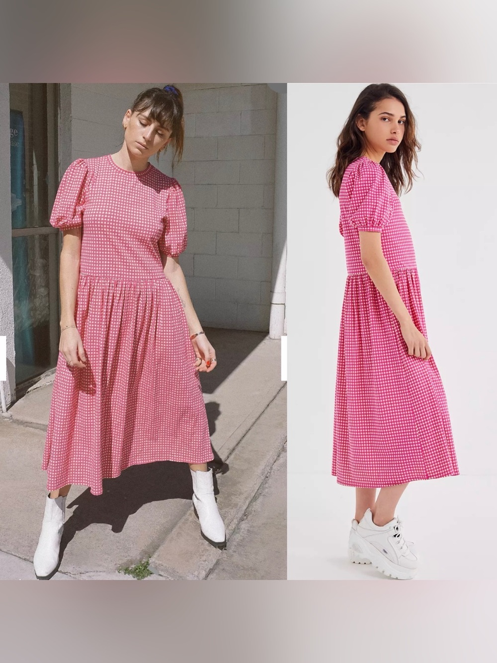 Urban Outfitters Antibes Gingham Puff Sleeve Midi Dress Pink Size Small